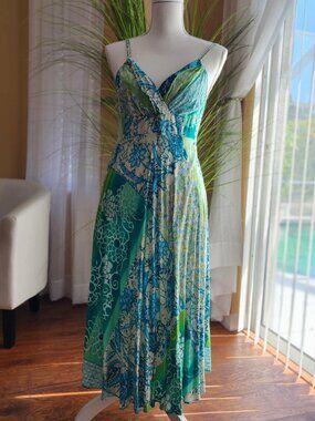 Jams World Tropical Print Midi Dress Small 100% Rayon Adjustable Straps